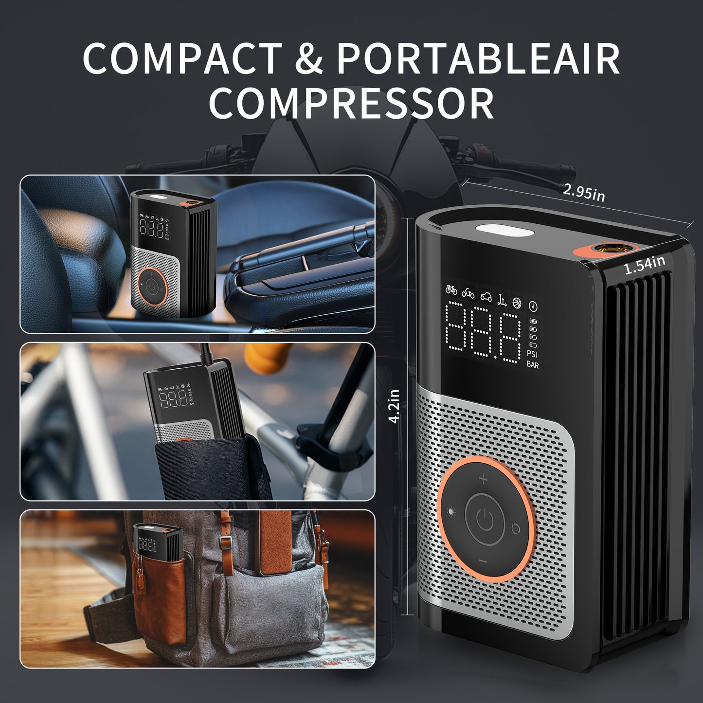 Compact tire inflator size reference for portability in car, bike, or bag
