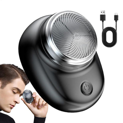 Man using compact USB shaver; product shown enlarged with included charging cable.