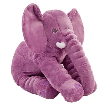 Purple elephant plush toy sitting upright on white background
