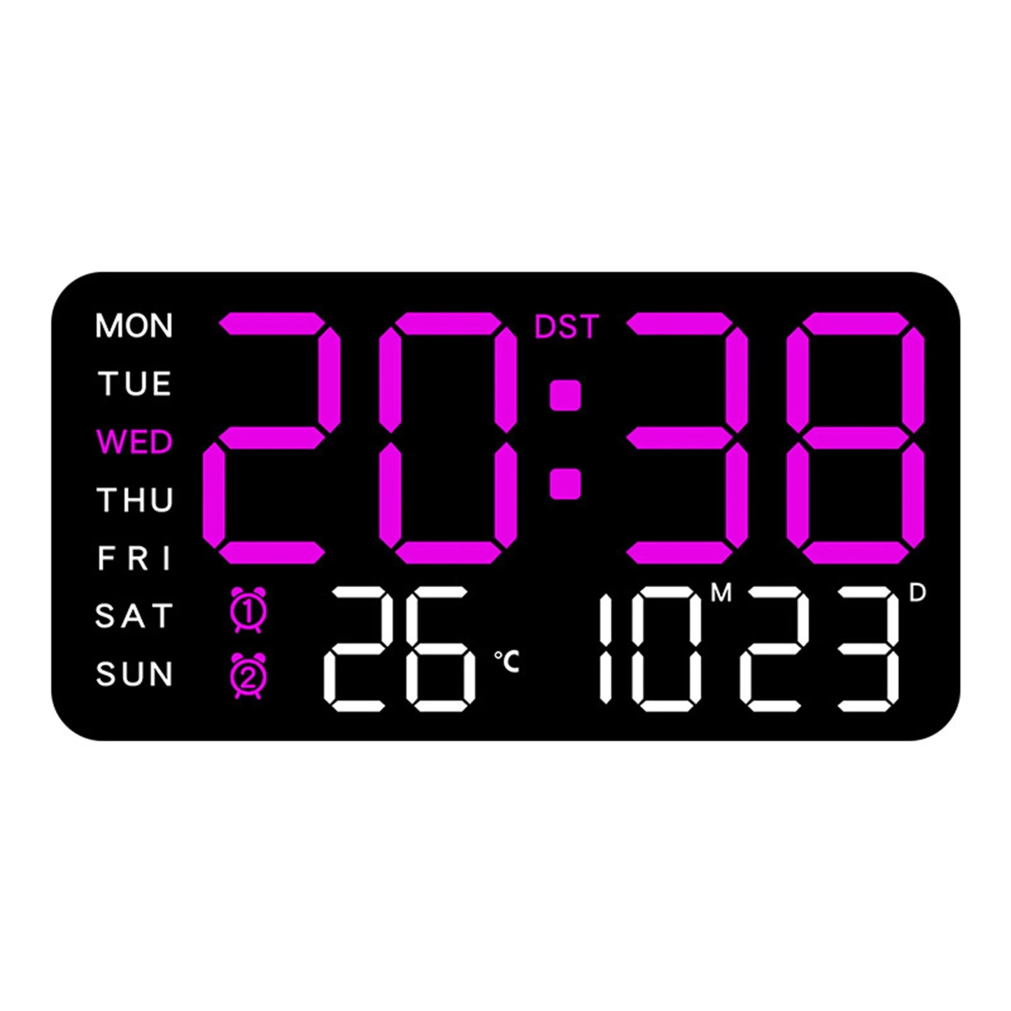 Purple LED wall clock showing large digital numbers and temperature.