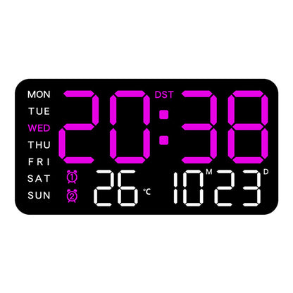 Purple LED wall clock showing large digital numbers and temperature.