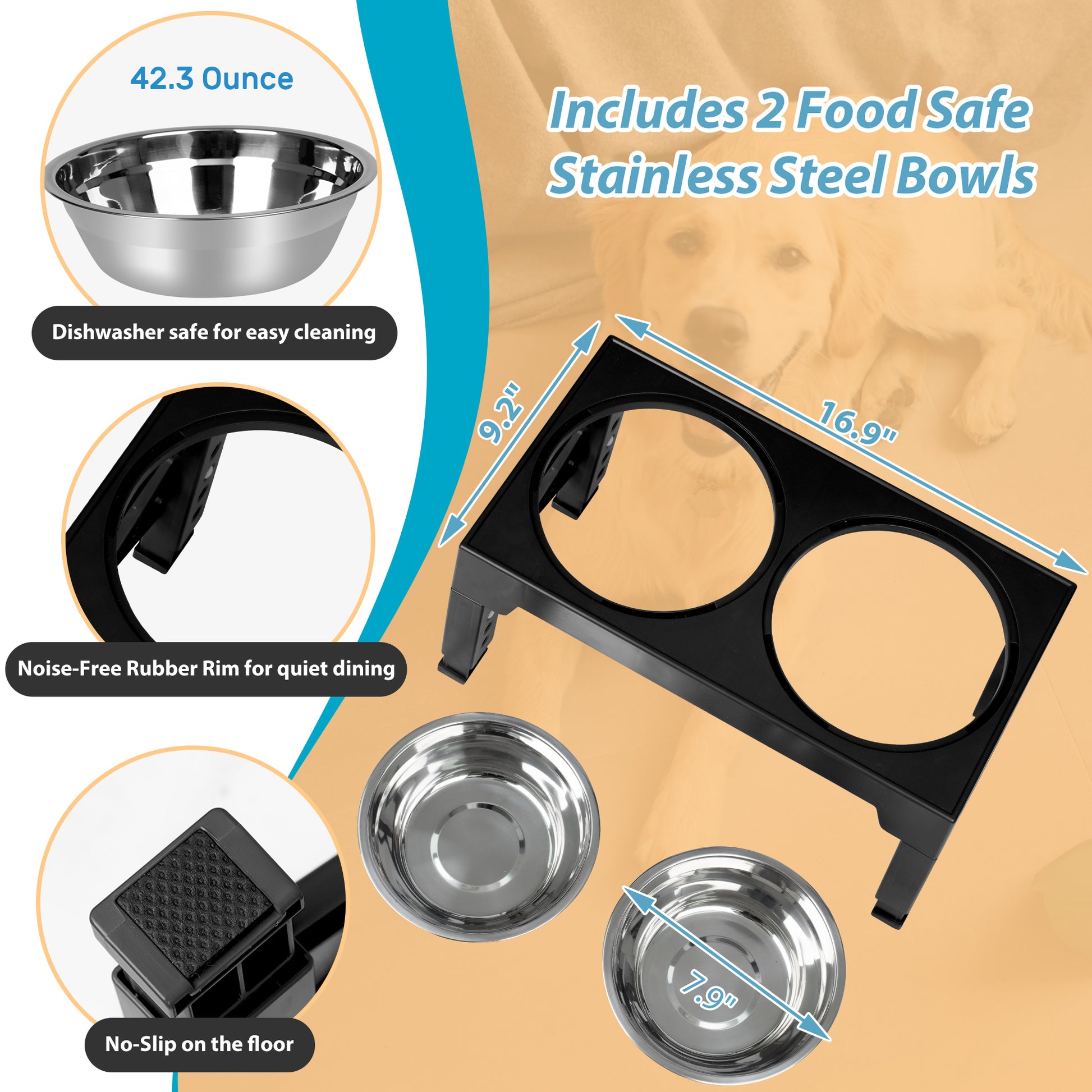 Infographic showing features of the elevated dog feeder, including two stainless steel bowls, noise-free rubber rim, and non-slip feet. Dimensions of 16.9” x 9.2” and bowl diameter of 7.9” displayed.