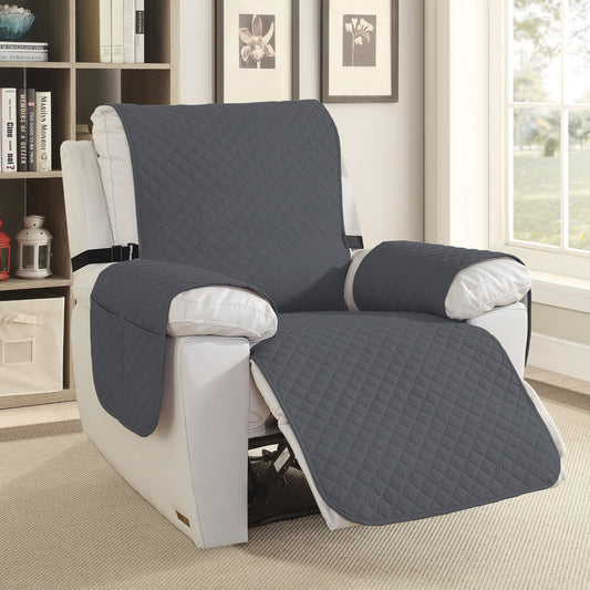 Quilted gray recliner chair cover installed on beige recliner in bright living room, front view