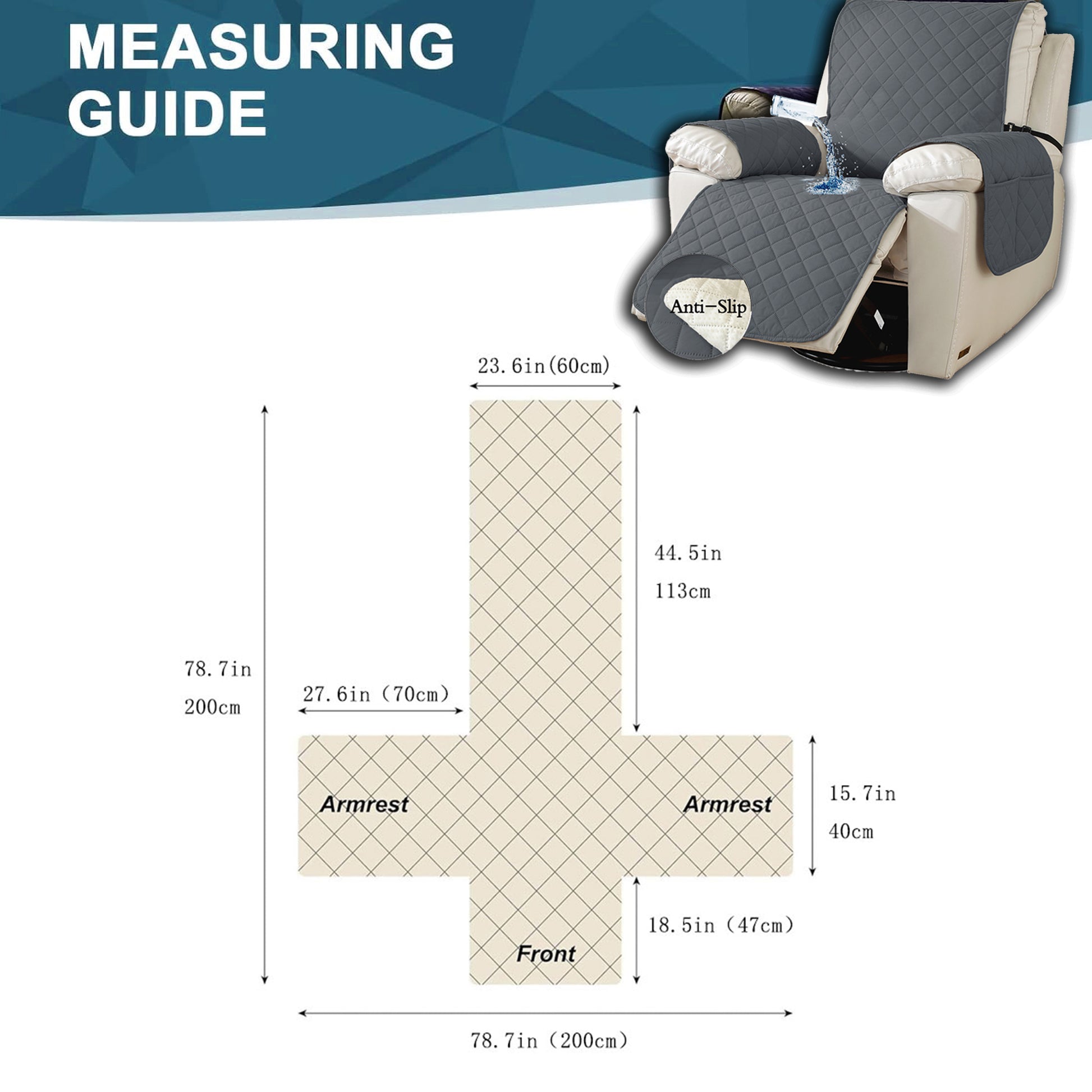 Recliner cover measuring guide showing overall 78.7×78.7 in (200×200 cm), back width 23.6 in (60 cm), arm panels 27.6×15.7 in (70×40 cm), front panel 18.5 in (47 cm)