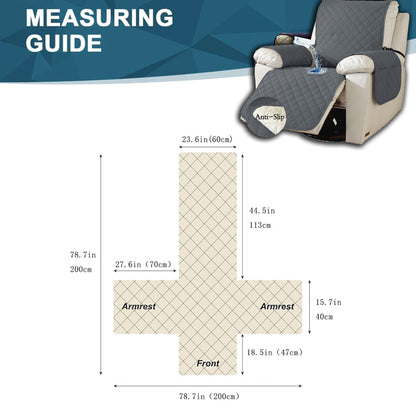 Recliner cover measuring guide showing overall 78.7×78.7 in (200×200 cm), back width 23.6 in (60 cm), arm panels 27.6×15.7 in (70×40 cm), front panel 18.5 in (47 cm)
