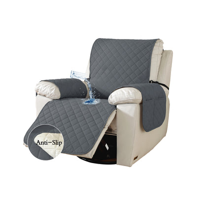 Quilted gray recliner cover on beige chair with liquid splash demonstration and small anti-slip backing inset