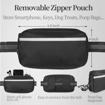 Removable pouch detail showing compartments for phone, treats, and poop bags