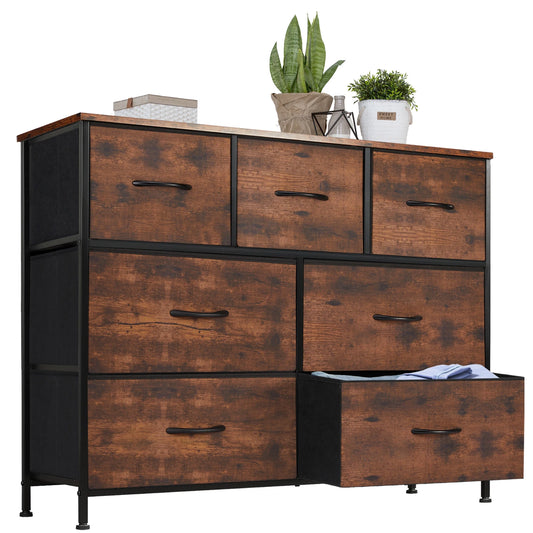 Rustic wood-style 7-drawer dresser with black fabric sides and open drawer revealing interior storage