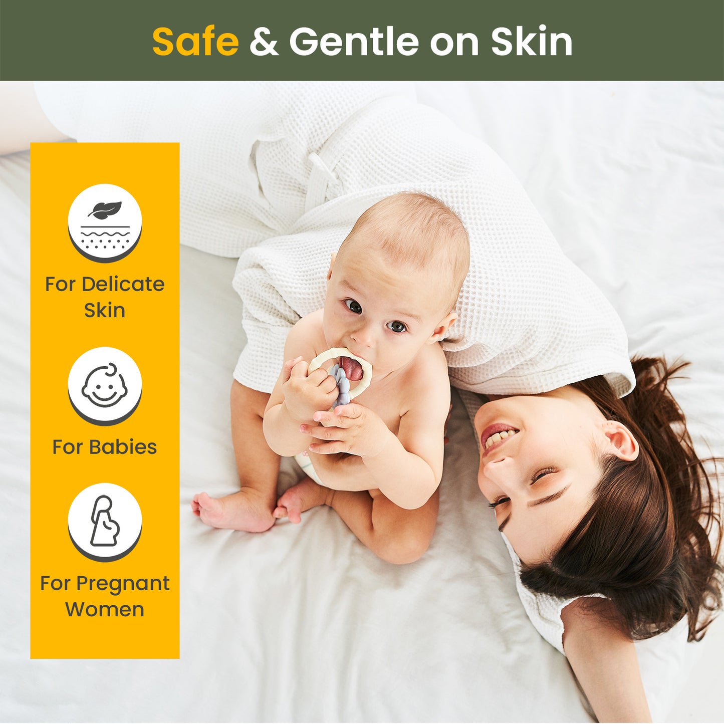 Mother and baby lying on Fairpeak waterproof mattress protector, showing it’s safe and gentle for delicate skin, babies, and pregnant women.