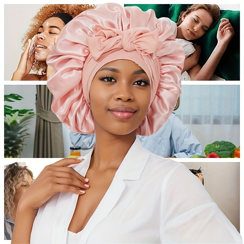 Confident woman in peach satin bonnet with beauty and lifestyle background collage