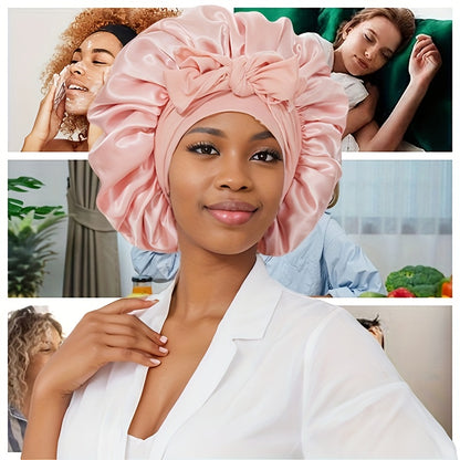 Confident woman in peach satin bonnet with beauty and lifestyle background collage