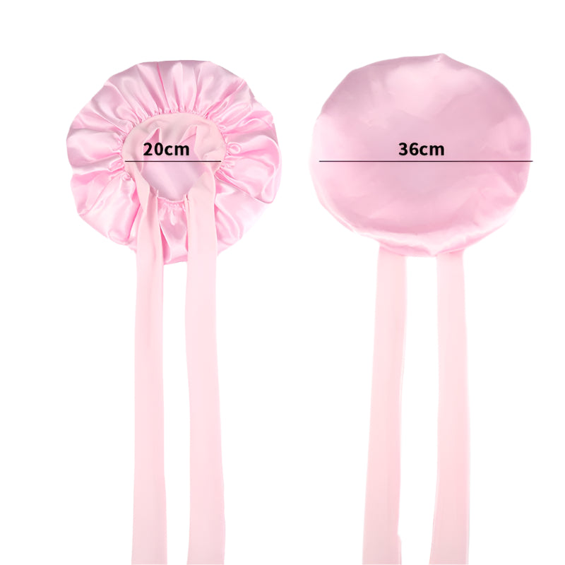 Size chart showing dimensions of pink satin bonnet with tie band (front and back views)