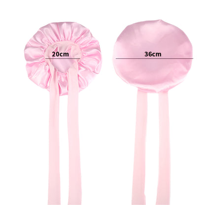 Size chart showing dimensions of pink satin bonnet with tie band (front and back views)