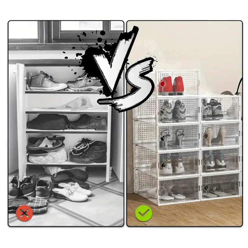 Comparison of messy traditional shoe rack versus organized transparent shoe storage boxes in a modern room.