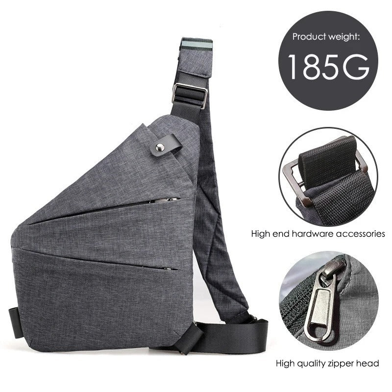 Gray sling shoulder bag weighing 185 grams, with close-up insets showing high-quality hardware accessories, zipper head, and durable stitching for premium construction.