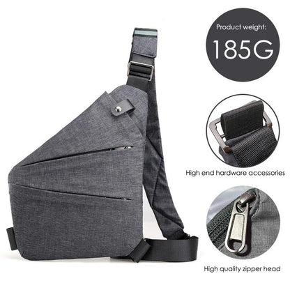 Gray sling shoulder bag weighing 185 grams, with close-up insets showing high-quality hardware accessories, zipper head, and durable stitching for premium construction.