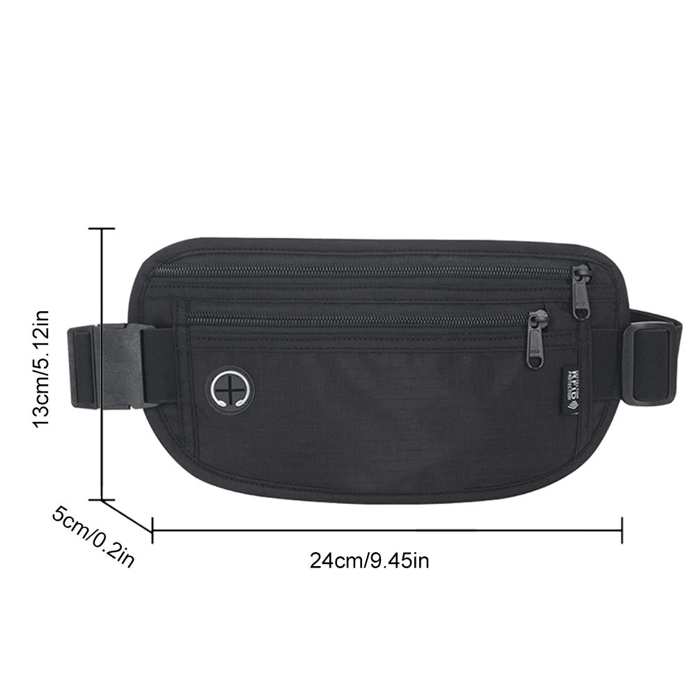 Black sports waist bag with dual zipper compartments, headphone port, and adjustable strap shown with labeled dimensions: 24cm (9.45in) width, 13cm (5.12in) height, and 5cm (0.2in) side depth.