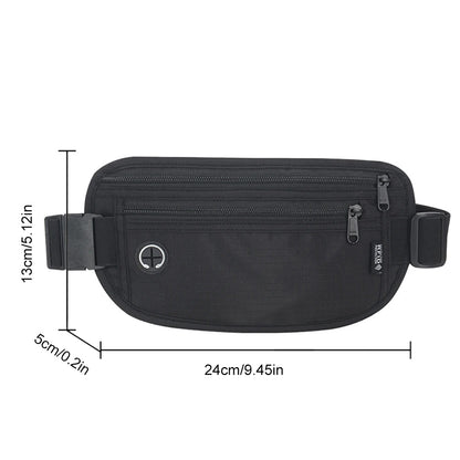 Black sports waist bag with dual zipper compartments, headphone port, and adjustable strap shown with labeled dimensions: 24cm (9.45in) width, 13cm (5.12in) height, and 5cm (0.2in) side depth.