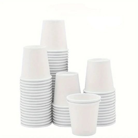 Neatly stacked disposable white paper cups labeled as 50PCS.