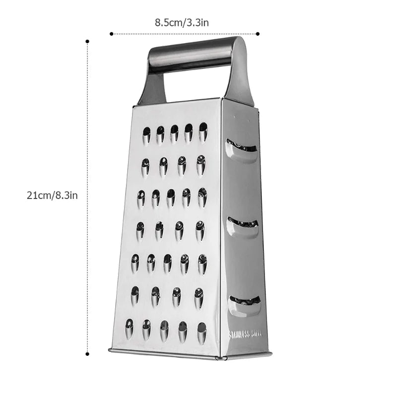 Stainless steel 4-sided box grater with ergonomic handle, featuring labeled dimensions of 21 cm height and 8.5 cm width