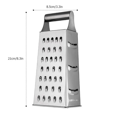 Stainless steel 4-sided box grater with ergonomic handle, featuring labeled dimensions of 21 cm height and 8.5 cm width