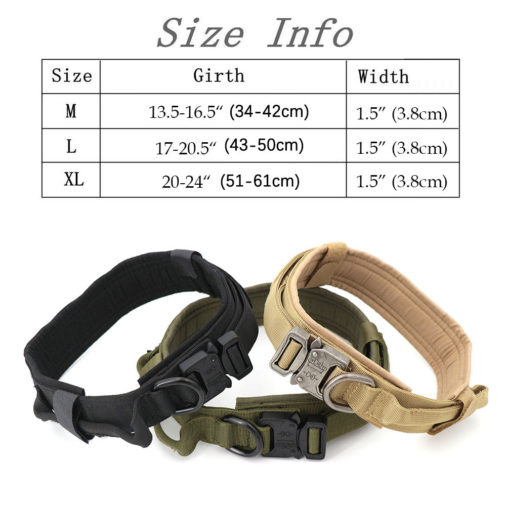 size chart for tactical dog collar showing girth ranges M, L, XL and 1.5-inch width with three collar colors
