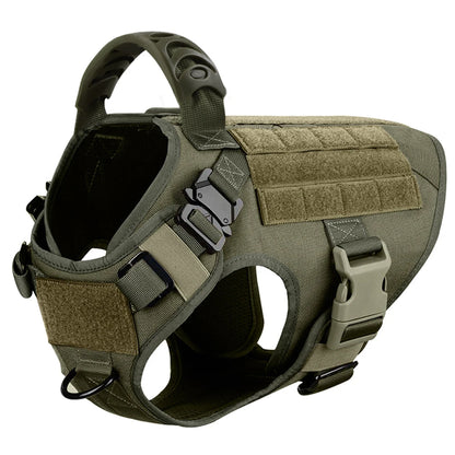 army green tactical dog harness with molded handle, MOLLE webbing, quick-release buckles, and dual D-rings — side view. 