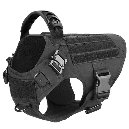black tactical dog harness close-up with molded handle, MOLLE panels, quick-release buckles, and rear D-ring
Title: Tactical Dog Harness — Black