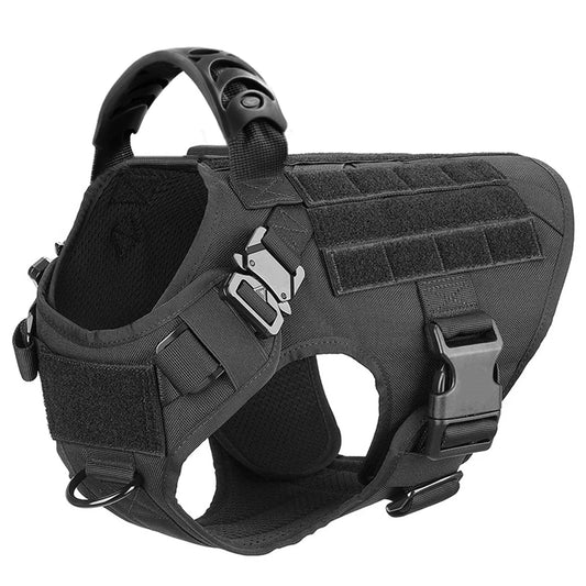 black tactical dog harness close-up with molded handle, MOLLE panels, quick-release buckles, and rear D-ring
Title: Tactical Dog Harness — Black