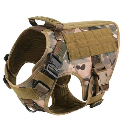 camouflage tactical dog harness with control handle, MOLLE panels, quick-release buckles, and dual D-rings — side view