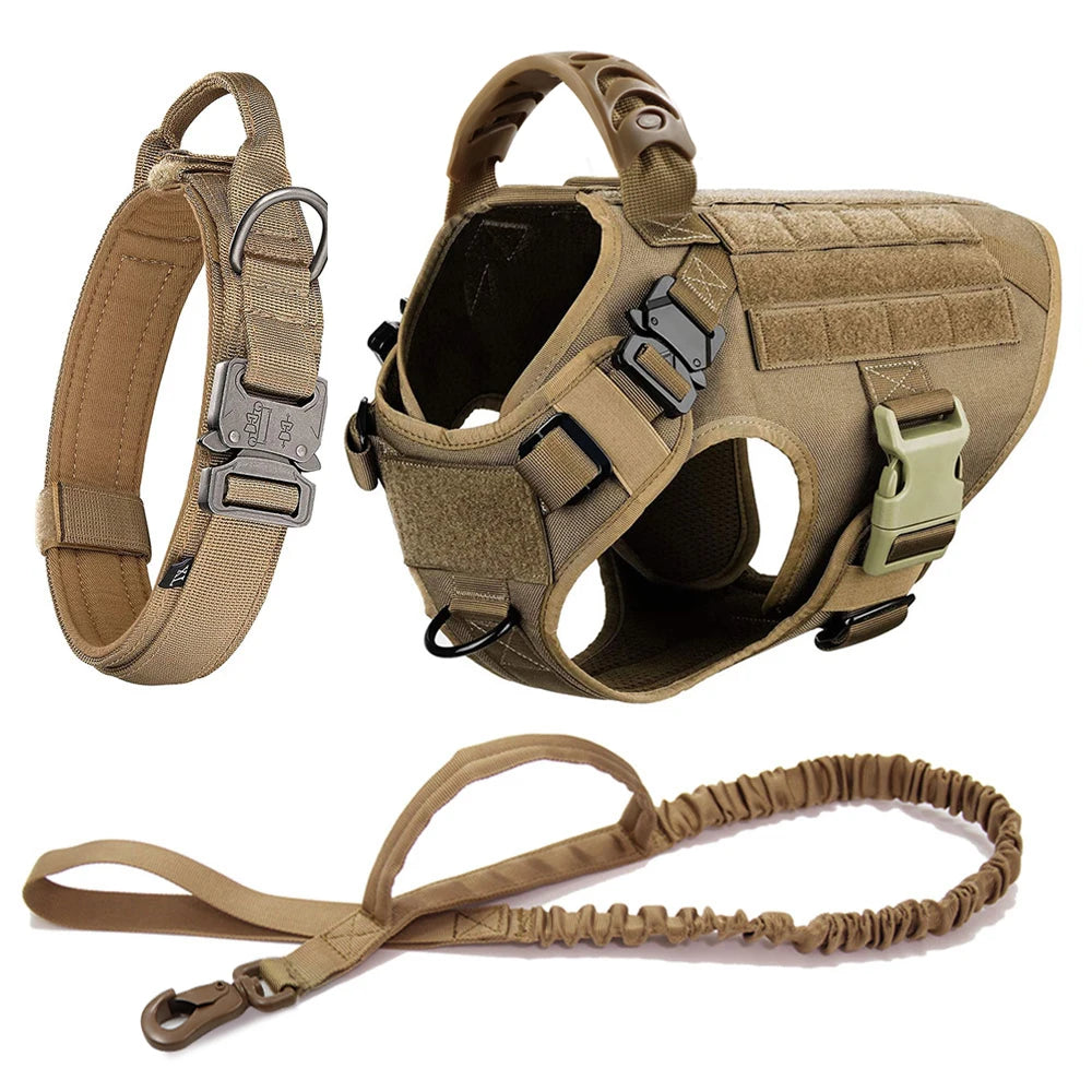 khaki tactical dog harness set with matching bungee leash and adjustable collar — MOLLE panels and handle visible