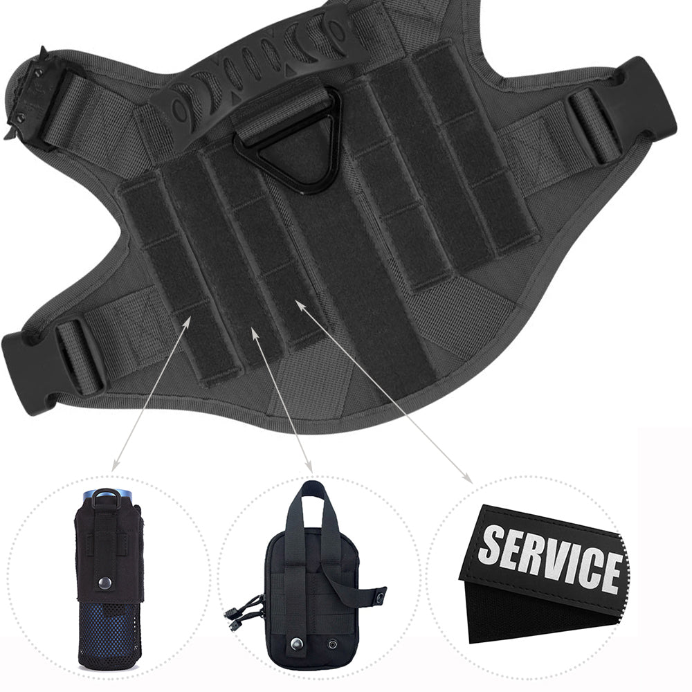 underside view of black tactical harness showing MOLLE fields with examples of water bottle pouch, utility pouch, and service patch 
