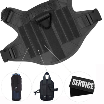 underside view of black tactical harness showing MOLLE fields with examples of water bottle pouch, utility pouch, and service patch 