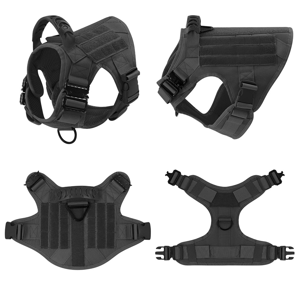 multi-view layout of black tactical dog harness — perspective, side, top panel, and chest Y-strap views
