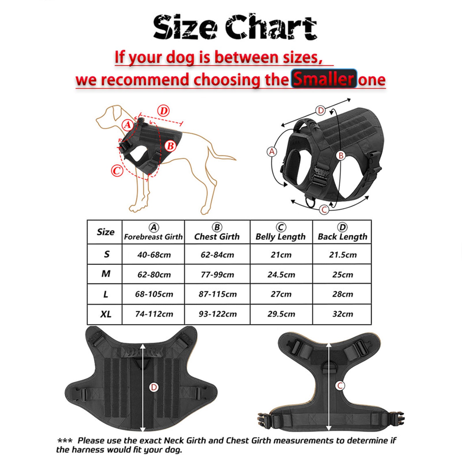 tactical dog harness size chart with diagrams and measurements for forebreast, chest, belly, and back lengths (S–XL)