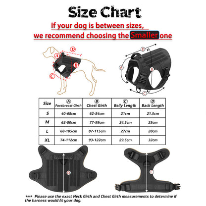 tactical dog harness size chart with diagrams and measurements for forebreast, chest, belly, and back lengths (S–XL)