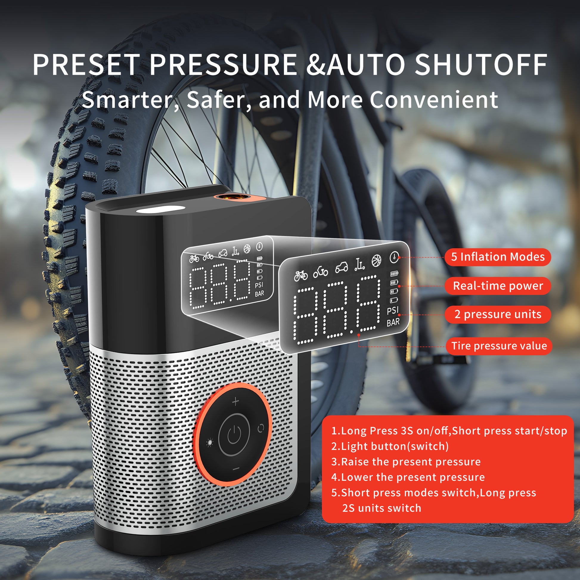 Tire inflator display screen with preset pressure and auto shutoff features