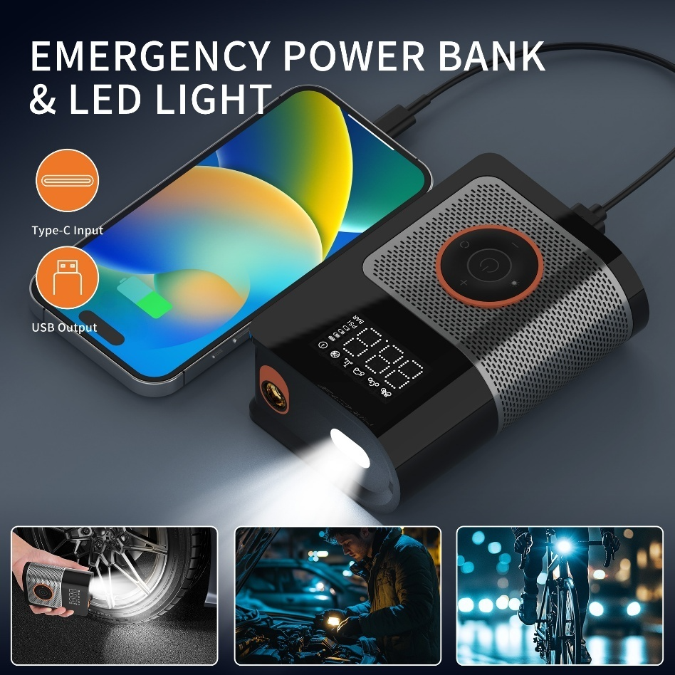 Tire inflator functioning as emergency power bank with LED flashlight