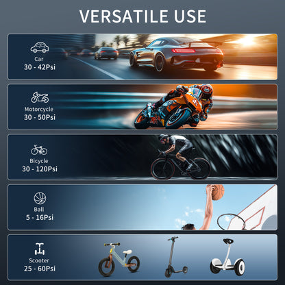 PSI chart showing tire inflator use with cars, motorcycles, bicycles, balls, and scooters
