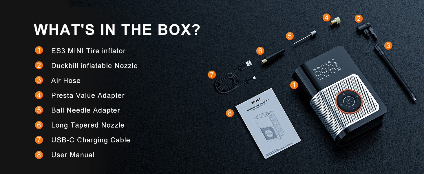 Box contents of the 150 PSI tire inflator with labeled accessories