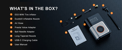 Box contents of the 150 PSI tire inflator with labeled accessories