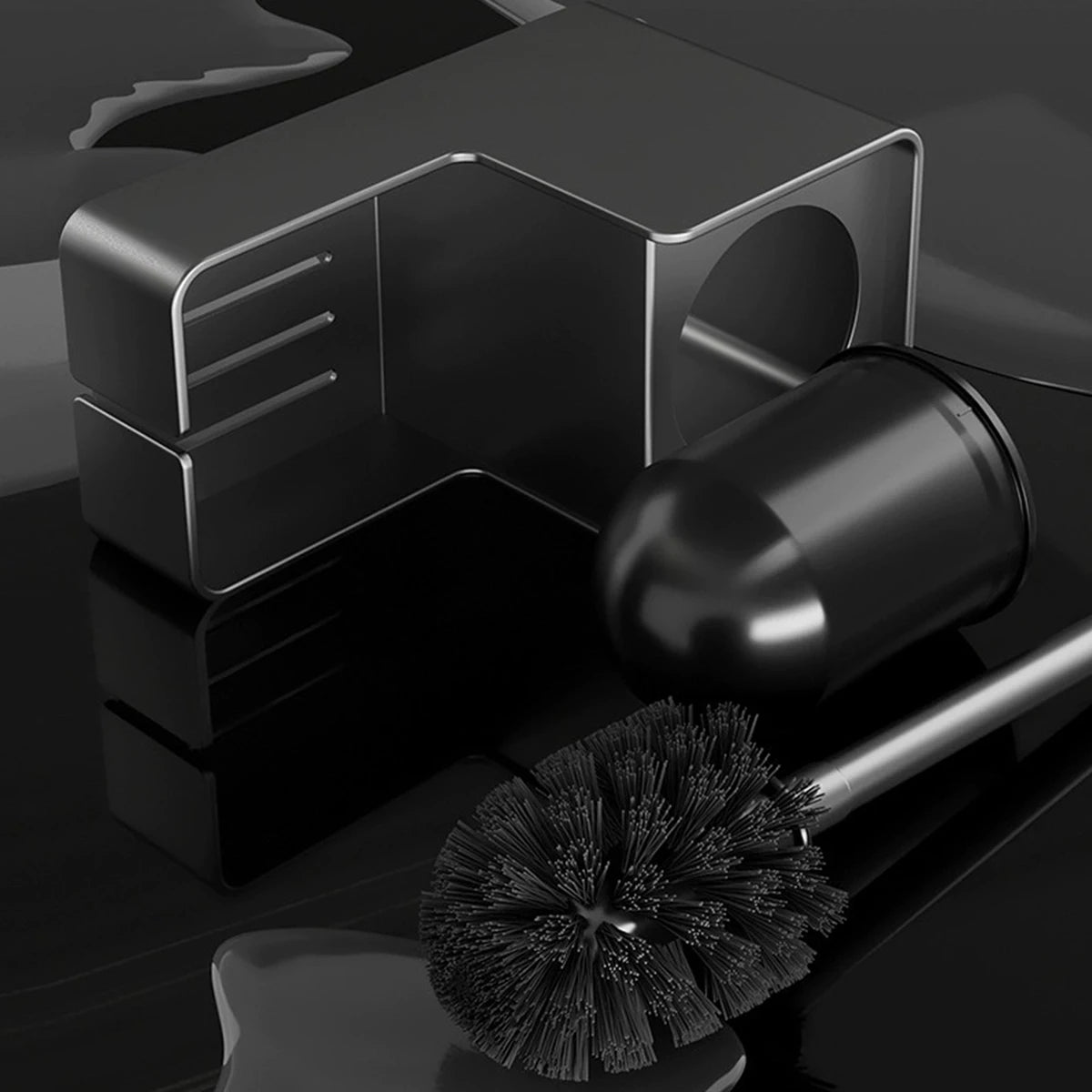 Disassembled parts of the toilet brush and holder on a black surface