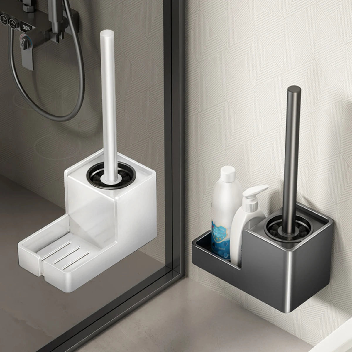 Comparison of black and white toilet brush holders mounted in bathroom
