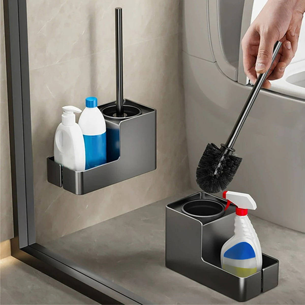 Two modern toilet brush sets shown in a bathroom setting—one wall-mounted on a glass shower panel and the other freestanding on the floor. Each set features a sleek aluminum handle, soft silicone bristles, and a built-in storage compartment holding cleaning bottles. The design highlights flexible installation options, clean aesthetics, and space-saving benefits in a contemporary bathroom environment.