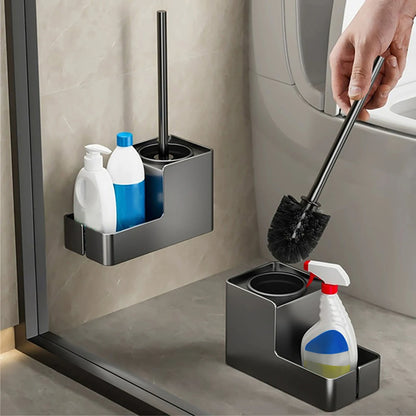 Two modern toilet brush sets shown in a bathroom setting—one wall-mounted on a glass shower panel and the other freestanding on the floor. Each set features a sleek aluminum handle, soft silicone bristles, and a built-in storage compartment holding cleaning bottles. The design highlights flexible installation options, clean aesthetics, and space-saving benefits in a contemporary bathroom environment.