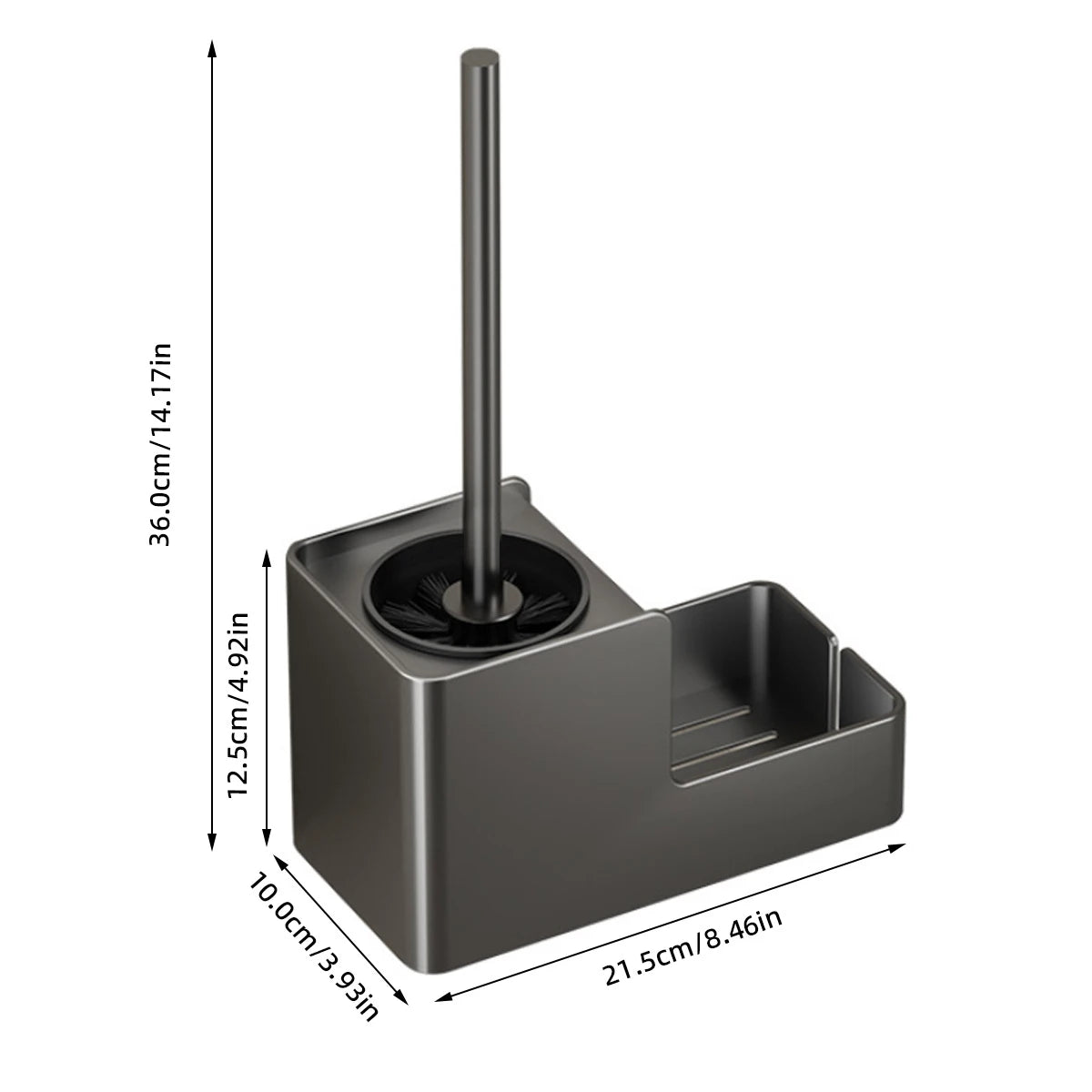 Product dimensions shown for wall-mount toilet brush with holder on a white background