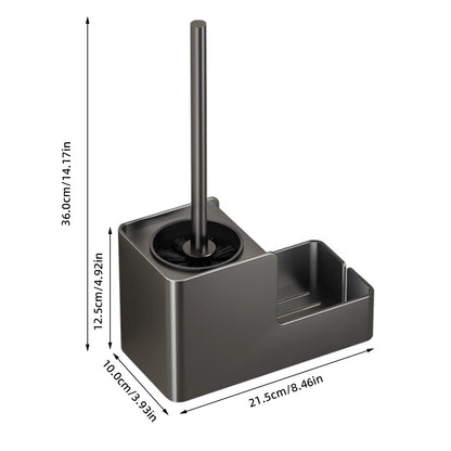 Product dimensions shown for wall-mount toilet brush with holder on a white background