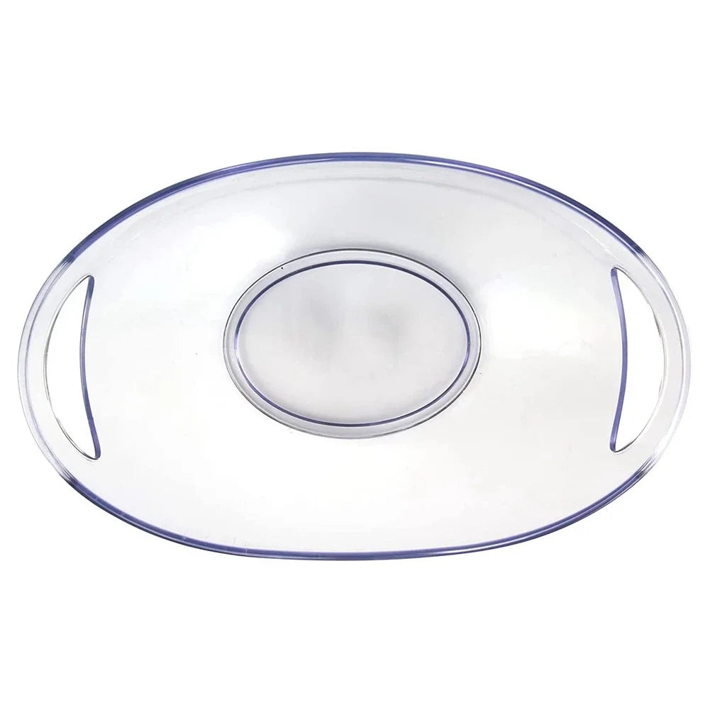 Top-down view of the transparent plastic ice bucket with integrated side handles, highlighting the oval shape and smooth rim suitable for easy carrying and pouring.