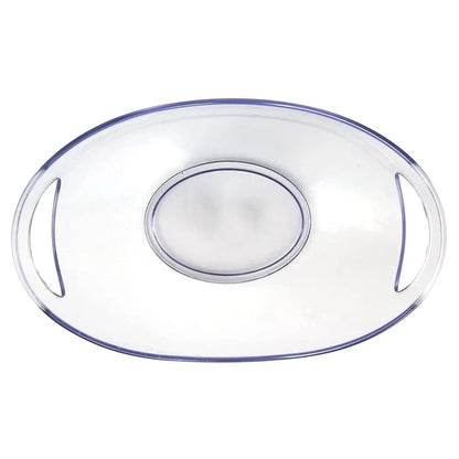 Top-down view of the transparent plastic ice bucket with integrated side handles, highlighting the oval shape and smooth rim suitable for easy carrying and pouring.