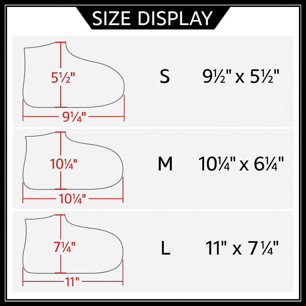 US shoe cover size chart displaying dimensions and shoe size conversions in inches for small, medium, and large silicone waterproof shoe covers